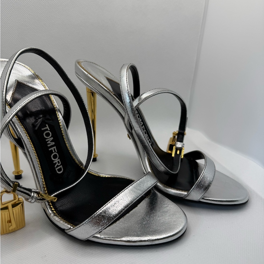 Tom Ford Padlock Laminated Silver Leather Sandals Size 36